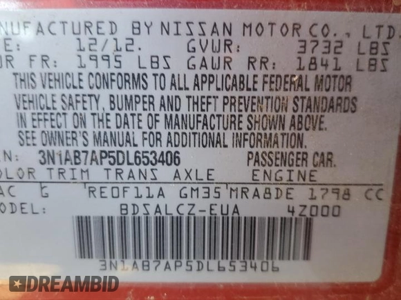 2013 Nissan Sentra SV with VIN 3N1AB7AP5DL653406, listed as a Copart auction lot 67293343 with 120,768 mi miles and Salvage Title. Bid and sale history available at carsss.com. Image 12.