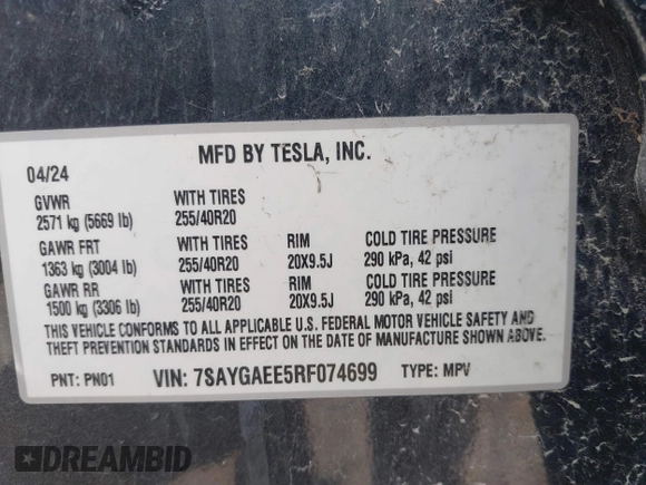 2024 Tesla Model Y Long Range z VIN 7SAYGAEE5RF074699, wystawiony jako IAAI lot #40537868 z przebiegiem Nie podano mil oraz . Historia ofert i sprzedaży dostępna na DreamBid. Obrazek 9.