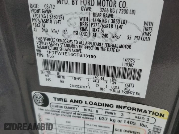 2012 Ford F-150 XL z VIN 1FTFW1ET4CFB13159, wystawiony jako Copart lot #61289855 z przebiegiem 293 863 mil mil oraz Czysty tytuł • Clean title. Historia ofert i sprzedaży dostępna na DreamBid. Obrazek 12.