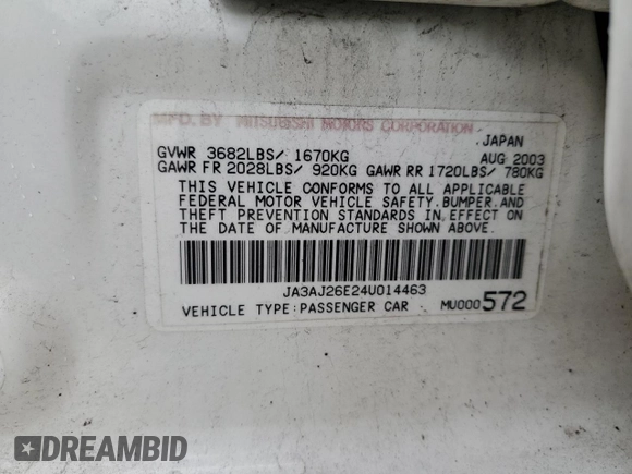 2004 Mitsubishi Lancer ES with VIN JA3AJ26E24U014463, listed as a Copart auction lot 83843264 with 0 mi miles and Non Repairable. Bid and sale history available at carsss.com. Image 14.