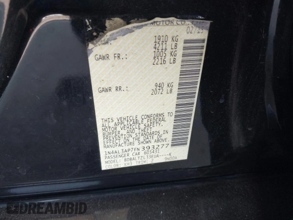 2015 Nissan Altima SL with VIN 1N4AL3AP7FN393277, listed as a IAAI auction lot 42460201 with 187,606 mi miles and . Bid and sale history available at DreamBid. Image 9.