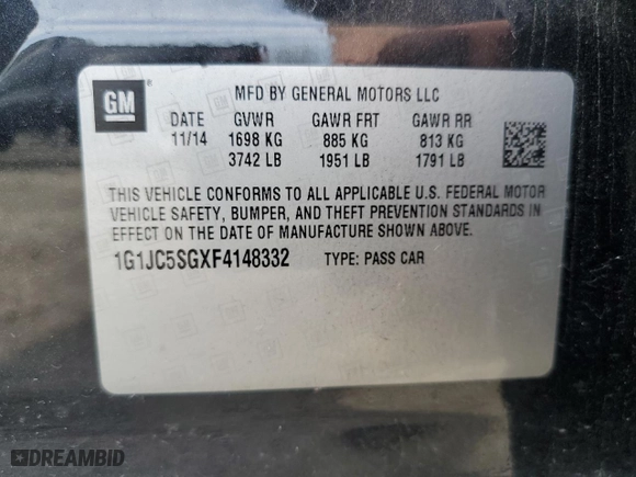 2015 Chevrolet Sonic LT with VIN 1G1JC5SGXF4148332, listed as a Copart auction lot 50212585 with 117,108 mi miles and Clean Title. Bid and sale history available at carsss.com. Image 12.
