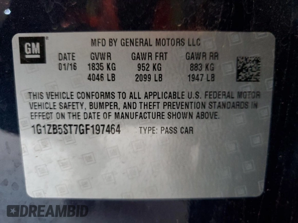 2016 Chevrolet Malibu LS with VIN 1G1ZB5ST7GF197464, listed as a Copart auction lot 64034185 with 187,109 mi miles and Clean title. Bid and sale history available at DreamBid. Image 12.