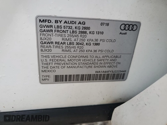 2018 Audi SQ5 Premium Plus with VIN WA1A4AFY3J2223449, listed as a Copart auction lot 74934134 with Not Provided miles and Salvage Title. Bid and sale history available at DreamBid. Image 14.