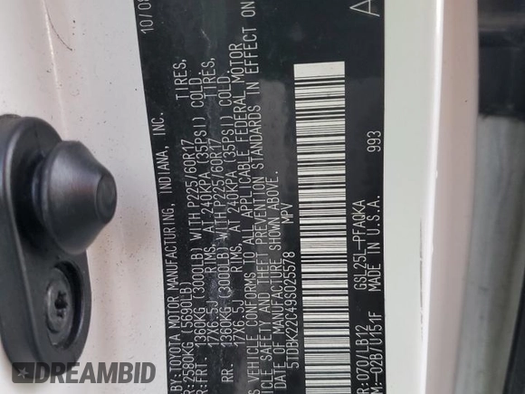 2009 Toyota Sienna XLE with VIN 5TDBK22C49S025578, listed as a Copart auction lot 86537254 with Not Provided miles and Salvage Title. Bid and sale history available at DreamBid. Image 12.
