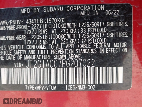 2023 Subaru Crosstrek Premium с VIN JF2GTACC7PG207022, выставлен на аукционе IAAI как лот 41964290 с пробегом 20 007 миль миль и . История ставок и продаж доступна на DreamBid. Изображение 9.