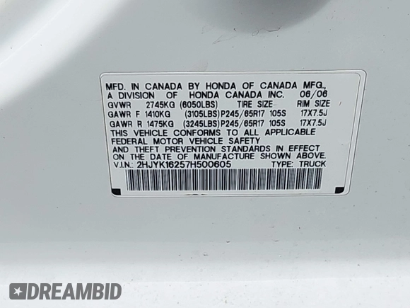 2007 Honda Ridgeline RT with VIN 2HJYK16257H500605, listed as a IAAI auction lot 42609178 with 248,594 mi miles and . Bid and sale history available at DreamBid. Image 9.
