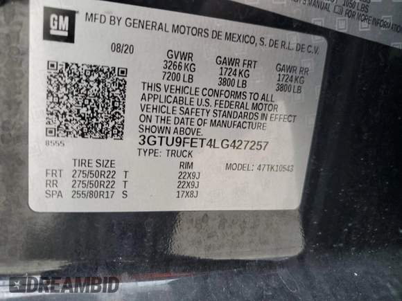 2020 GMC Sierra 1500 Denali z VIN 3GTU9FET4LG427257, wystawiony jako Copart lot #81757604 z przebiegiem 74 105 mil mil oraz Nie do naprawy • Non repairable. Historia ofert i sprzedaży dostępna na DreamBid. Obrazek 14.