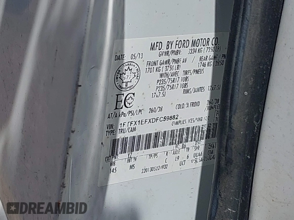 2013 Ford F-150 XL with VIN 1FTFX1EFXDFC59882, listed as a IAAI auction lot 42025983 with 291,615 mi miles and . Bid and sale history available at carsss.com. Image 9.