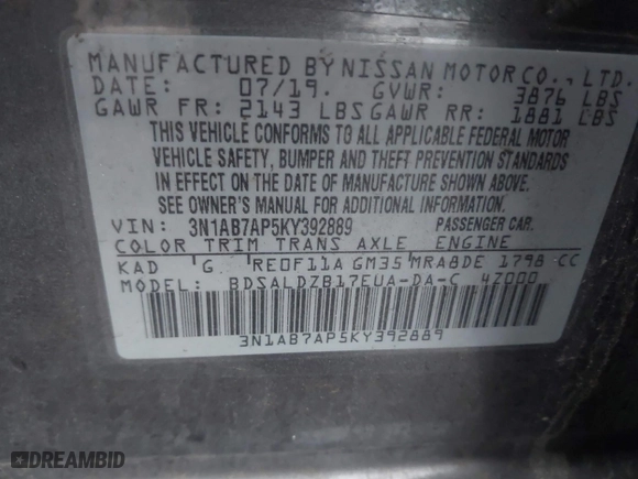 2019 Nissan Sentra SR with VIN 3N1AB7AP5KY392889, listed as a IAAI auction lot 41797285 with 58,391 mi miles. Bid and sale history available at carsss.com. Image 9.