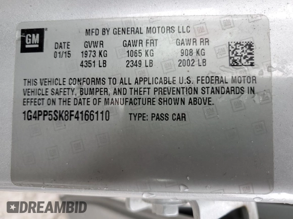 2015 Buick Verano with VIN 1G4PP5SK8F4166110, listed as a Copart auction lot 84860424 with 233,742 mi miles and Salvage title. Bid and sale history available at DreamBid. Image 13.