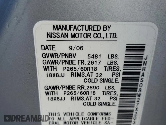 2007 Infiniti FX with VIN JNRAS08W27X203318, listed as a Copart auction lot 73179974 with 159,239 mi miles and Salvage Title. Bid and sale history available at DreamBid. Image 13.