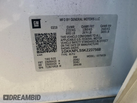 2019 GMC Acadia Denali with VIN 1GKKNPLS5KZ237568, listed as a Copart auction lot 45742705 with 129,737 mi miles and Salvage Title. Bid and sale history available at carsss.com. Image 13.