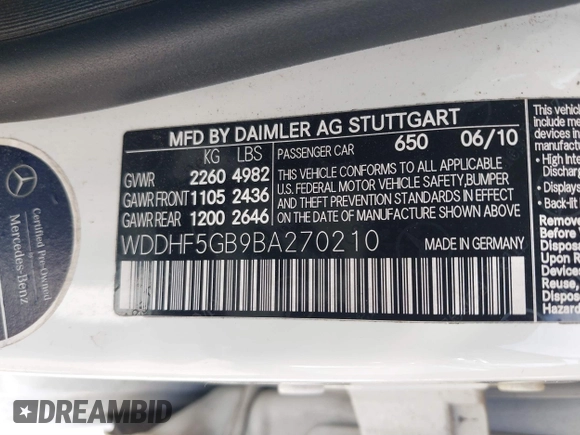 2011 Mercedes-Benz E-Class E 350 Luxury with VIN WDDHF5GB9BA270210, listed as a IAAI auction lot 41527438 with 147,692 mi miles. Bid and sale history available at carsss.com. Image 9.
