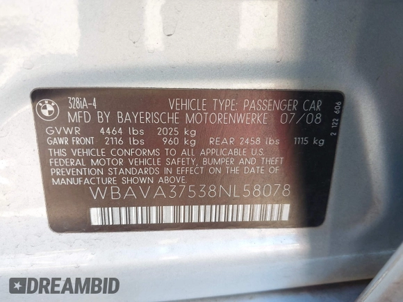 2008 BMW 3 Series 328i with VIN WBAVA37538NL58078, listed as a IAAI auction lot 41693224 with 147,128 mi miles. Bid and sale history available at carsss.com. Image 9.