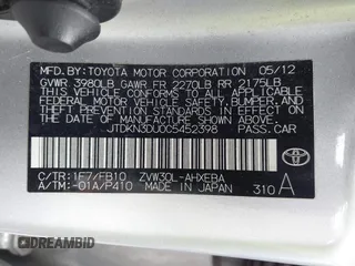 2012 Toyota Prius One with VIN JTDKN3DU0C5452398, listed as a IAAI auction lot 42195125 with 223,632 mi miles. Bid and sale history available at carsss.com. Image 9.