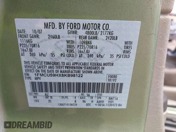 2008 Ford Escape Hybrid z VIN 1FMCU59HX8KB98122, wystawiony jako IAAI lot #42650207 z przebiegiem 138 757 mil mil oraz . Historia ofert i sprzedaży dostępna na DreamBid. Obrazek 9.