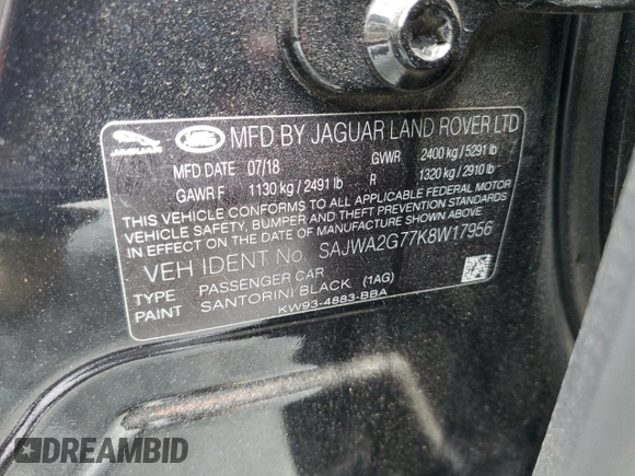2019 Jaguar XJ Portfolio with VIN SAJWA2G77K8W17956, listed as a Copart auction lot 71780024 with 41,462 mi miles and Salvage Title. Bid and sale history available at DreamBid. Image 12.