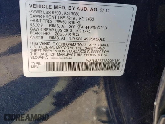 2015 Audi Q7 Premium Plus with VIN WA1LGAFE1FD004894, listed as a Copart auction lot 60435305 with 106,553 mi miles and Salvage title. Bid and sale history available at DreamBid. Image 13.