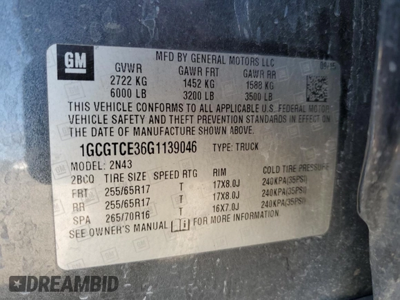 2016 Chevrolet Colorado 4WD LT with VIN 1GCGTCE36G1139046, listed as a Copart auction lot 53688765 with 92,775 mi miles and Salvage title. Bid and sale history available at DreamBid. Image 12.