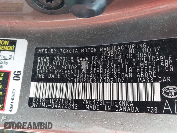 2018 Toyota Corolla L с VIN 2T1BURHE3JC002107, выставлен на аукционе IAAI как лот 42357316 с пробегом 46 481 миль миль и . История ставок и продаж доступна на DreamBid. Изображение 9.