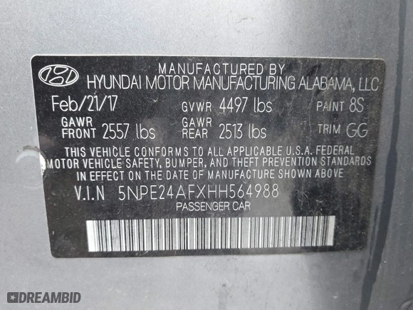 2017 Hyundai Sonata 2.4L with VIN 5NPE24AFXHH564988, listed as a IAAI auction lot 41927777 with 100,758 mi miles. Bid and sale history available at carsss.com. Image 9.