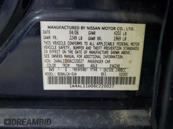 2006 Nissan Altima S с VIN 1N4AL11D06C220027, выставлен на аукционе Copart как лот 59018655 с пробегом 176 163 миль миль и Списание • Salvage title. История ставок и продаж доступна на DreamBid. Изображение 12.