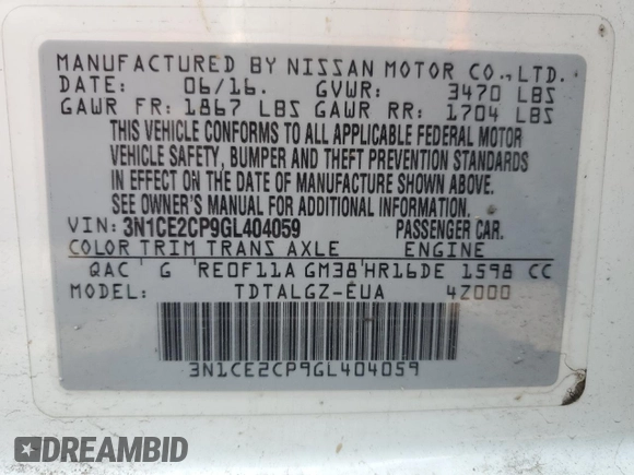 2016 Nissan Note S с VIN 3N1CE2CP9GL404059, выставлен на аукционе Copart как лот 54127815 с пробегом 80 719 миль миль и Списание • Salvage title. История ставок и продаж доступна на DreamBid. Изображение 13.