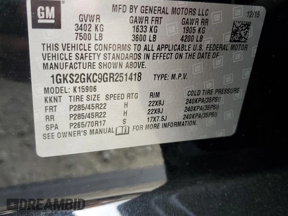 2016 GMC Yukon XL SLT with VIN 1GKS2GKC9GR251418, listed as a Copart auction lot 53750035 with 109,035 mi miles and Salvage Title. Bid and sale history available at DreamBid. Image 15.
