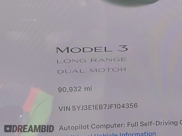 2018 Tesla Model 3 Long Range Battery with VIN 5YJ3E1EB7JF104356, listed as a IAAI auction lot 41936961 with 90,932 mi miles and . Bid and sale history available at DreamBid. Image 16.
