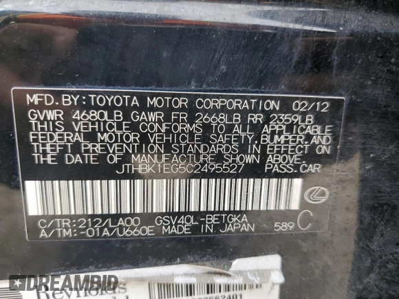 2012 Lexus ES with VIN JTHBK1EG5C2495527, listed as a Copart auction lot 48374535 with 161,092 mi miles and Salvage Title. Bid and sale history available at carsss.com. Image 14.