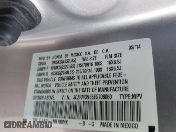 2014 Honda CR-V LX with VIN 3CZRM3H35EG708060, listed as a IAAI auction lot 41761003 with 142,954 mi miles. Bid and sale history available at carsss.com. Image 9.
