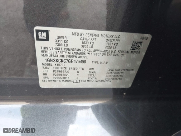 2016 Chevrolet Tahoe LTZ with VIN 1GNSKCKC7GR475458, listed as a IAAI auction lot 41831124 with 95,554 mi miles. Bid and sale history available at carsss.com. Image 9.