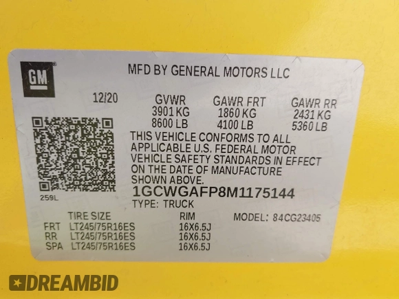 2021 Chevrolet Express Cargo with VIN 1GCWGAFP8M1175144, listed as a IAAI auction lot 42815392 with 57,298 mi miles and . Bid and sale history available at DreamBid. Image 9.