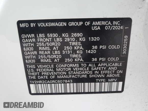 2024 Volkswagen Atlas SE z VIN 1V2HR2CA0RC607843, wystawiony jako Copart lot #53582965 z przebiegiem 10 417 mil mil oraz Szkoda całkowita • Salvage title. Historia ofert i sprzedaży dostępna na DreamBid. Obrazek 13.