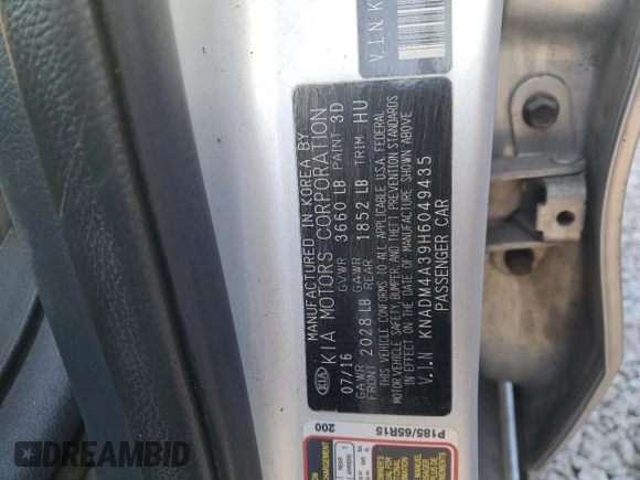2017 Kia Rio LX z VIN KNADM4A39H6049435, wystawiony jako Copart lot #88899415 z przebiegiem Nie podano mil oraz Szkody całkowita. Historia ofert i sprzedaży dostępna na DreamBid. Obrazek 14.