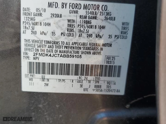 2010 Ford Edge SEL with VIN 2FMDK4JC7ABB59105, listed as a Copart auction lot 87074604 with 0 mi miles and Non Repairable. Bid and sale history available at carsss.com. Image 13.