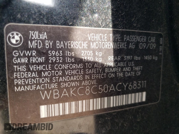 2010 BMW 7 Series 750Li xDrive with VIN WBAKC8C50ACY68311, listed as a Copart auction lot 78288754 with 121,907 mi miles and Clean Title. Bid and sale history available at DreamBid. Image 12.