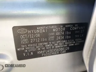 2005 Hyundai XG350 with VIN KMHFU45EX5A386126, listed as a IAAI auction lot 41929880 with 87,176 mi miles. Bid and sale history available at carsss.com. Image 9.