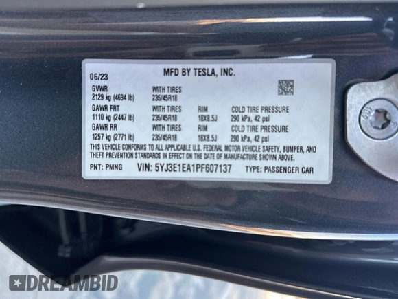 2023 Tesla Model 3 with VIN 5YJ3E1EA1PF607137, listed as a Copart auction lot 62613375 with 27,271 mi miles and Clean title. Bid and sale history available at DreamBid. Image 10.