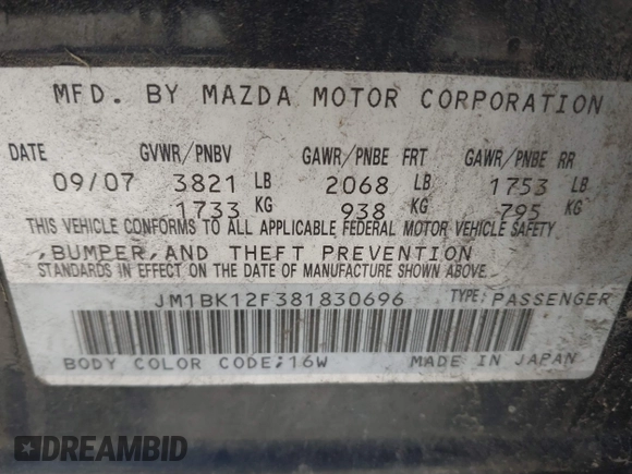 2008 Mazda 3 Sport with VIN JM1BK12F381830696, listed as a IAAI auction lot 42104661 with 156,228 mi miles and . Bid and sale history available at DreamBid. Image 9.