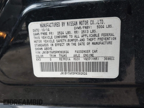 2015 Infiniti Q50 with VIN JN1BV7AR5FM392624, listed as a IAAI auction lot 41667327 with 53,589 mi miles. Bid and sale history available at carsss.com. Image 9.