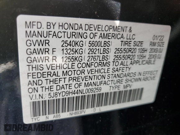 2022 Acura MDX Technology with VIN 5J8YD9H44NL009259, listed as a Copart auction lot 64273575 with 40,217 mi miles and Salvage title. Bid and sale history available at DreamBid. Image 13.