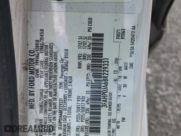 2011 Ford Fusion SEL with VIN 3FAHP0JA6BR229331, listed as a Copart auction lot 46366005 with 128,052 mi miles and Salvage Title. Bid and sale history available at carsss.com. Image 12.