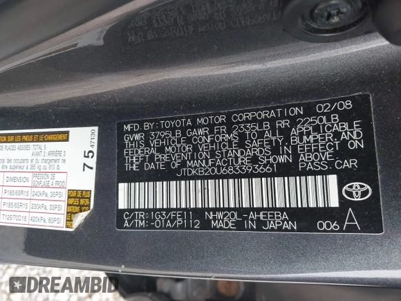 2008 Toyota Prius with VIN JTDKB20U683393661, listed as a IAAI auction lot 41980863 with 229,631 mi miles. Bid and sale history available at carsss.com. Image 9.