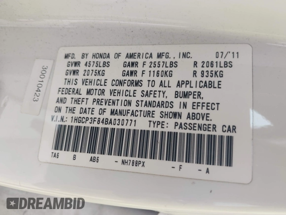 2011 Honda Accord EX-L with VIN 1HGCP3F84BA030771, listed as a IAAI auction lot 42115944 with 203,597 mi miles and . Bid and sale history available at DreamBid. Image 9.