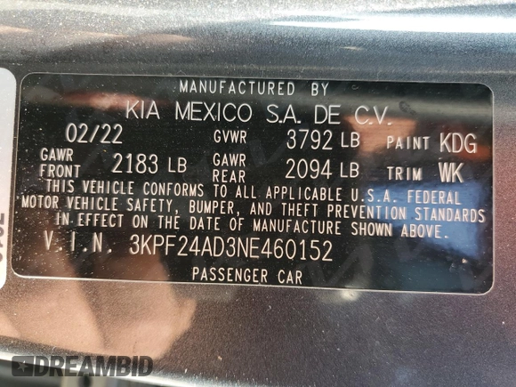 2022 Kia Forte LXS with VIN 3KPF24AD3NE460152, listed as a Copart auction lot 48994215 with 149,280 mi miles and Salvage Title. Bid and sale history available at carsss.com. Image 12.