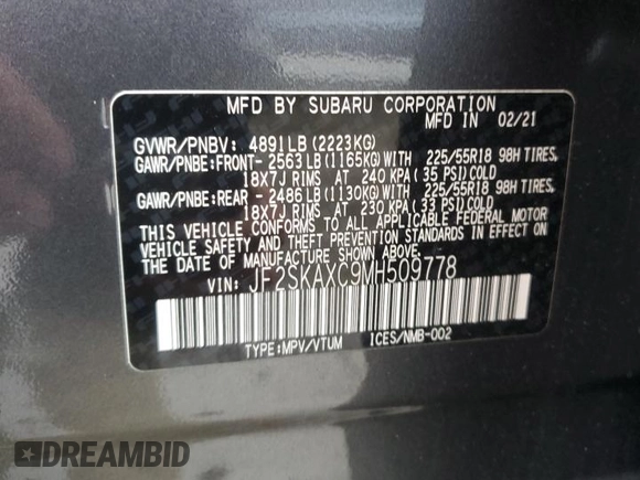 2021 Subaru Forester Touring with VIN JF2SKAXC9MH509778, listed as a Copart auction lot 48037255 with 46,149 mi miles and Salvage Title. Bid and sale history available at carsss.com. Image 14.