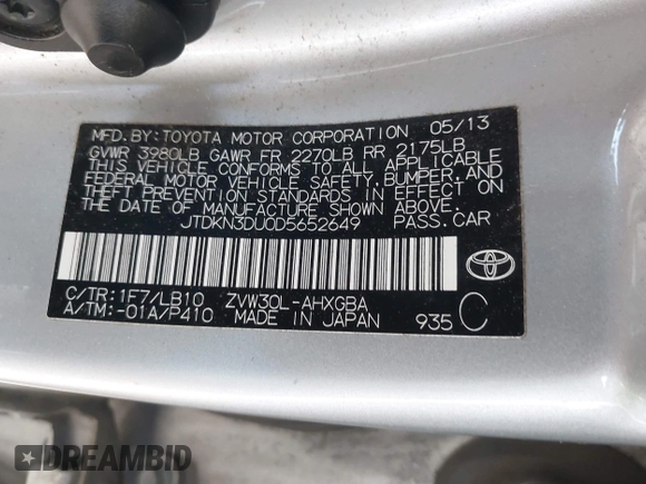 2013 Toyota Prius One with VIN JTDKN3DU0D5652649, listed as a IAAI auction lot 41631923 with 154,323 mi miles and . Bid and sale history available at DreamBid. Image 9.