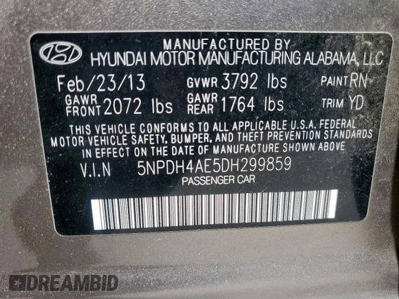 2013 Hyundai Elantra Limited z VIN 5NPDH4AE5DH299859, wystawiony jako Copart lot #57851055 z przebiegiem 179 928 mil mil oraz Szkoda całkowita • Salvage title. Historia ofert i sprzedaży dostępna na DreamBid. Obrazek 12.